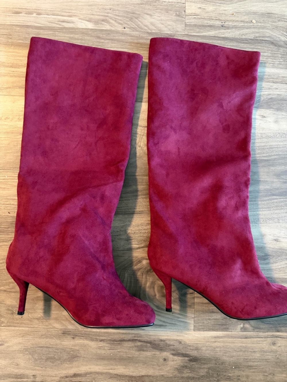 Red Wine Suede Knee High Heel Boots